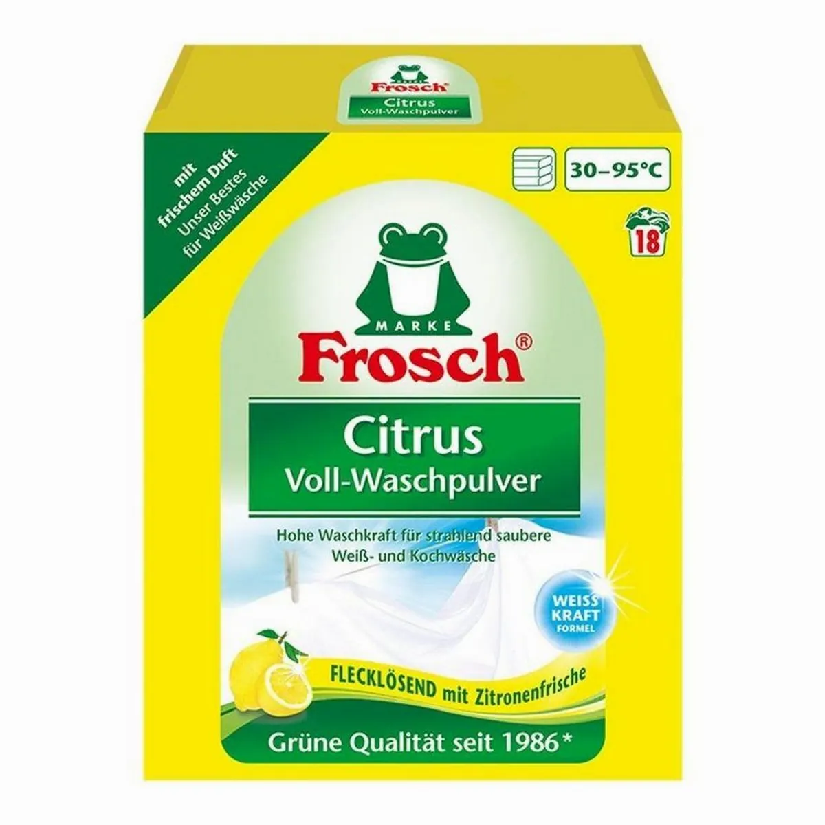 Frosch Citrus Voll-Waschpulver 1,35 kg, kraftvolle Reinigung, frischer Citrusduft, hautverträglich