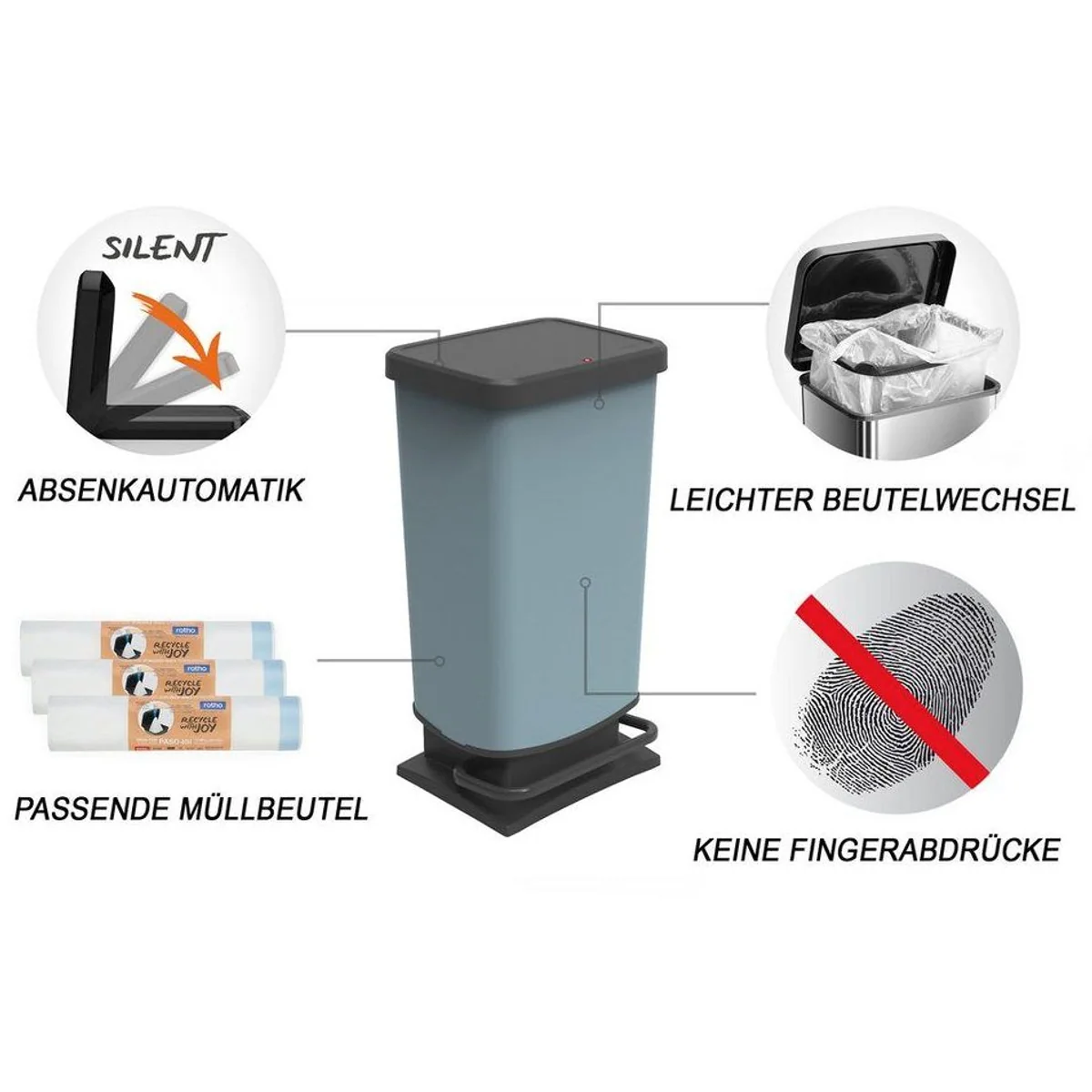 Rotho Paso Mülleimer 40l, stilvoll und funktional — Tretmechanismus, geruchssicher, recyceltes Material 2
