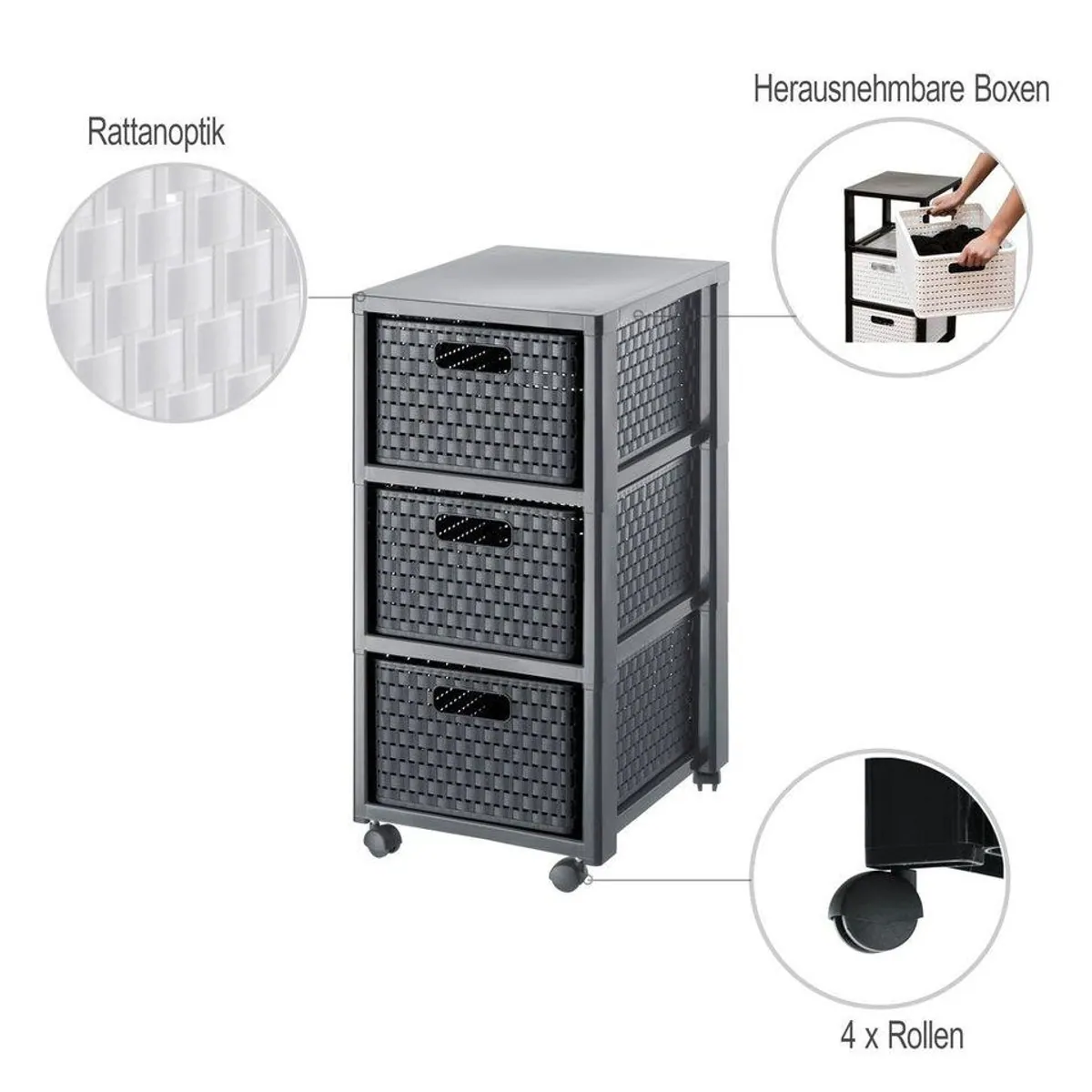 Rotho COUNTRY Rollcontainer, eleganter Rattan-Look, praktische Aufbewahrung, flexible Nutzung 3