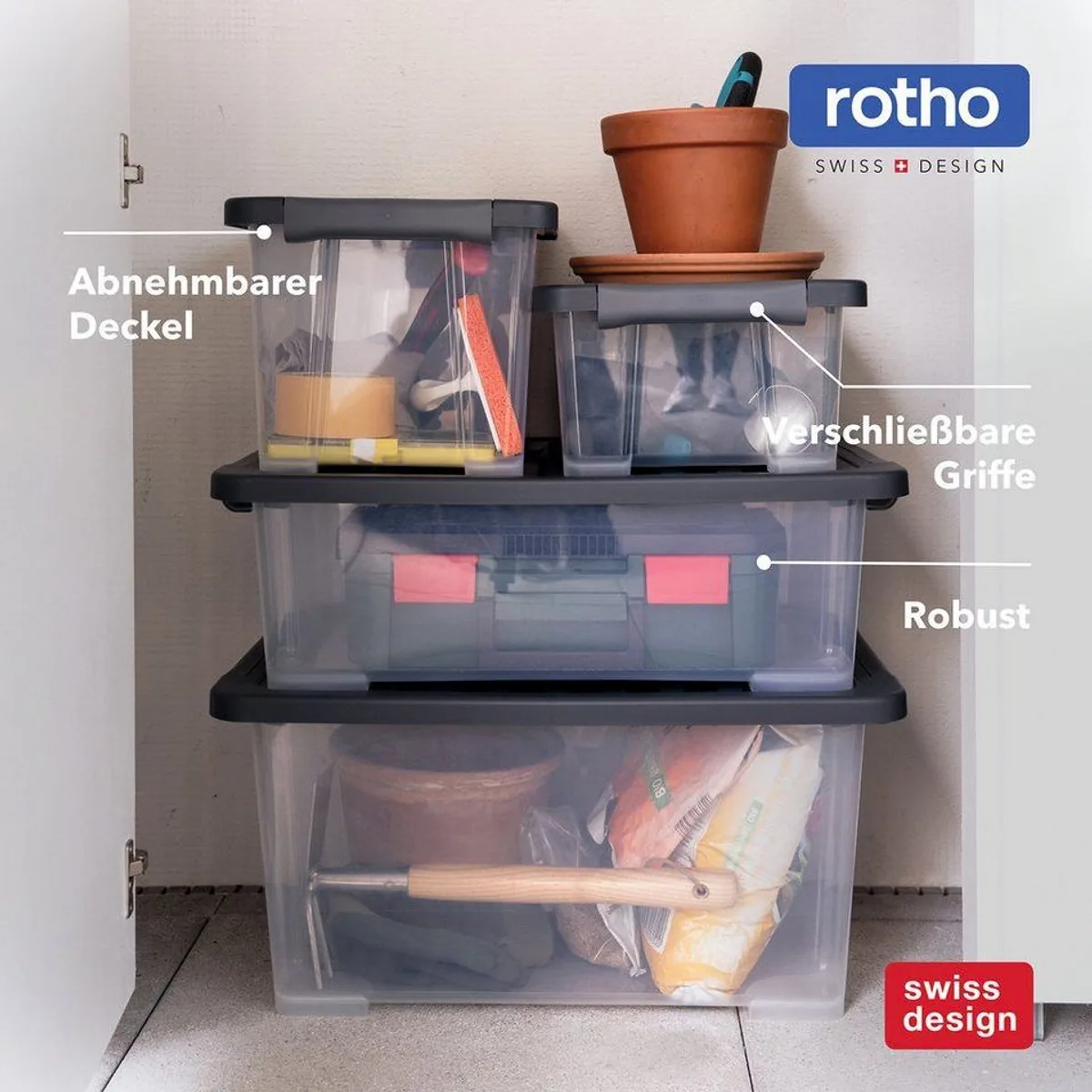 Rotho CORE Plus Stapelbox 4er-Set, 11 l Volumen, modulare Ordnungslösung 5
