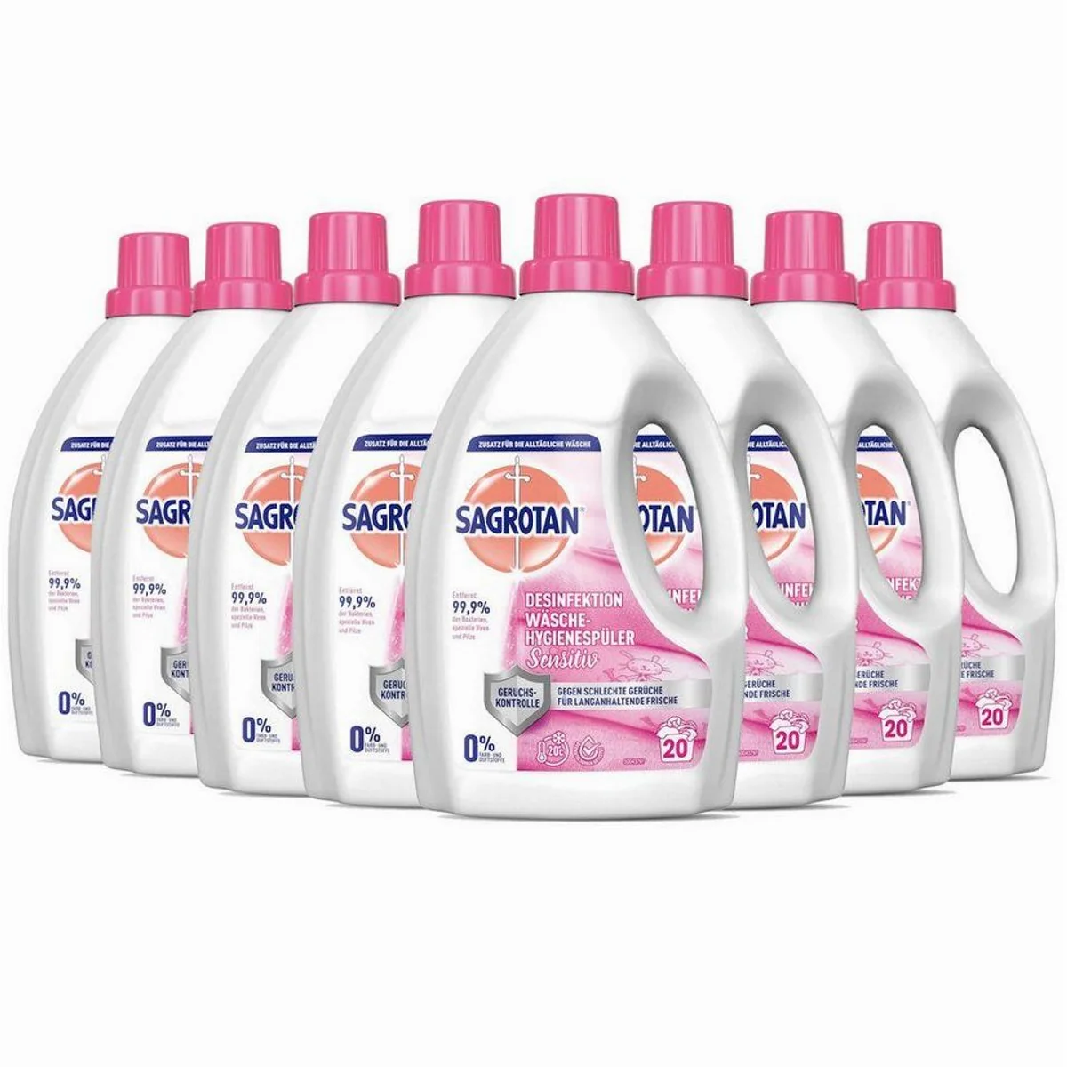 Sagrotan Sensitiv Wäsche-Hygienespüler 8 x 1,5l, 99,9% Bakterienentfernung, ohne Farb- & Duftstoffe