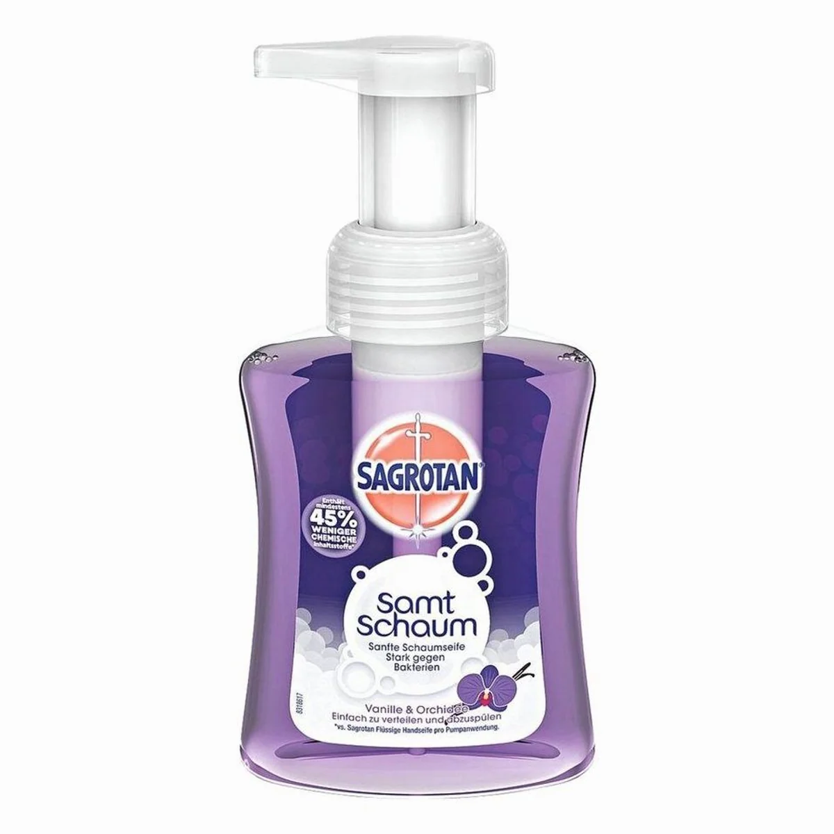 Sagrotan Flüssigseife Vanilla & Orchidee, sanfte Schaumseife mit Dual-Effekt — 99,9% Bakterienreduktion, feuchtigkeitsspendend, 250 ml