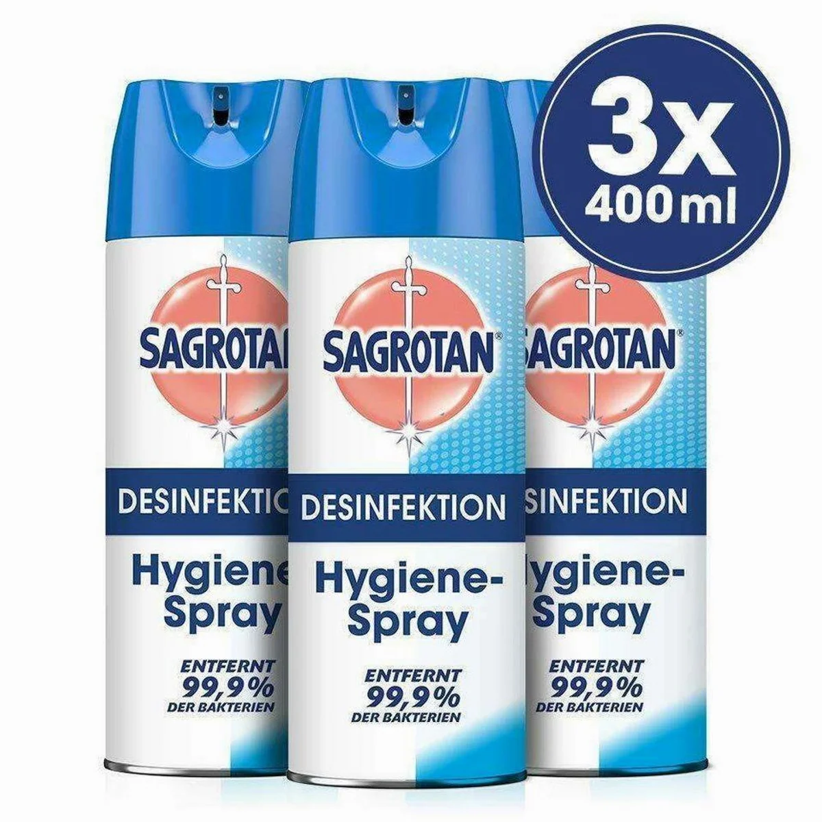 Sagrotan Hygiene Spray Aerosol, 99,9% Bakterienentfernung, frischer Duft — 3 x 400 ml