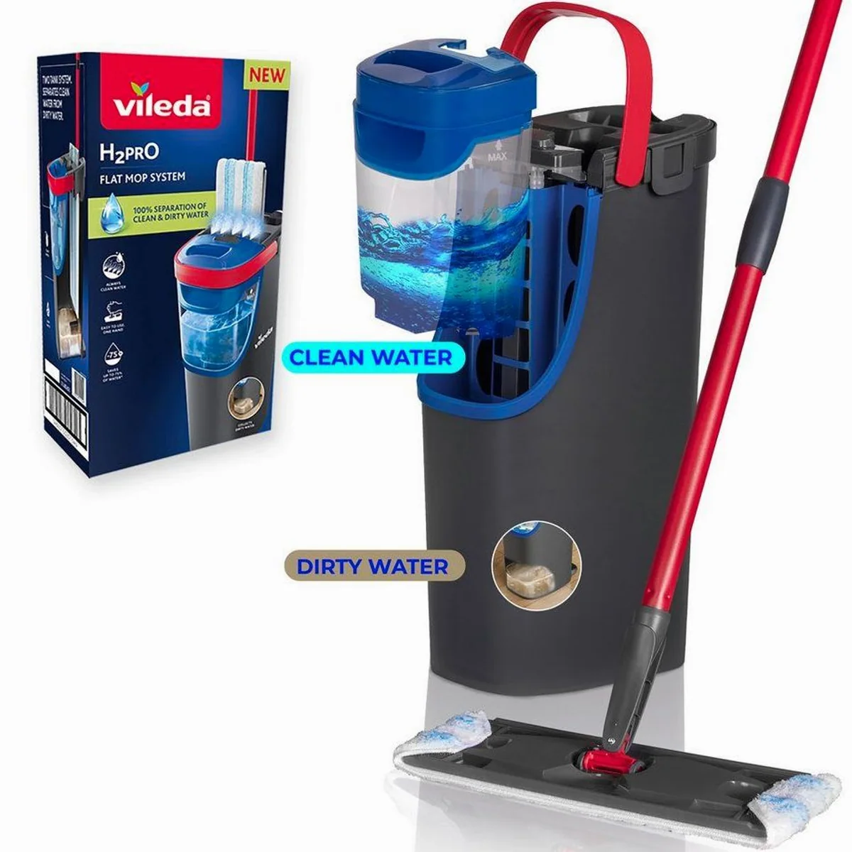 Vileda H2PrO Flat Mop System, 100 % Trennung von Wasser, ergonomisches Design — Set, 3-teilig