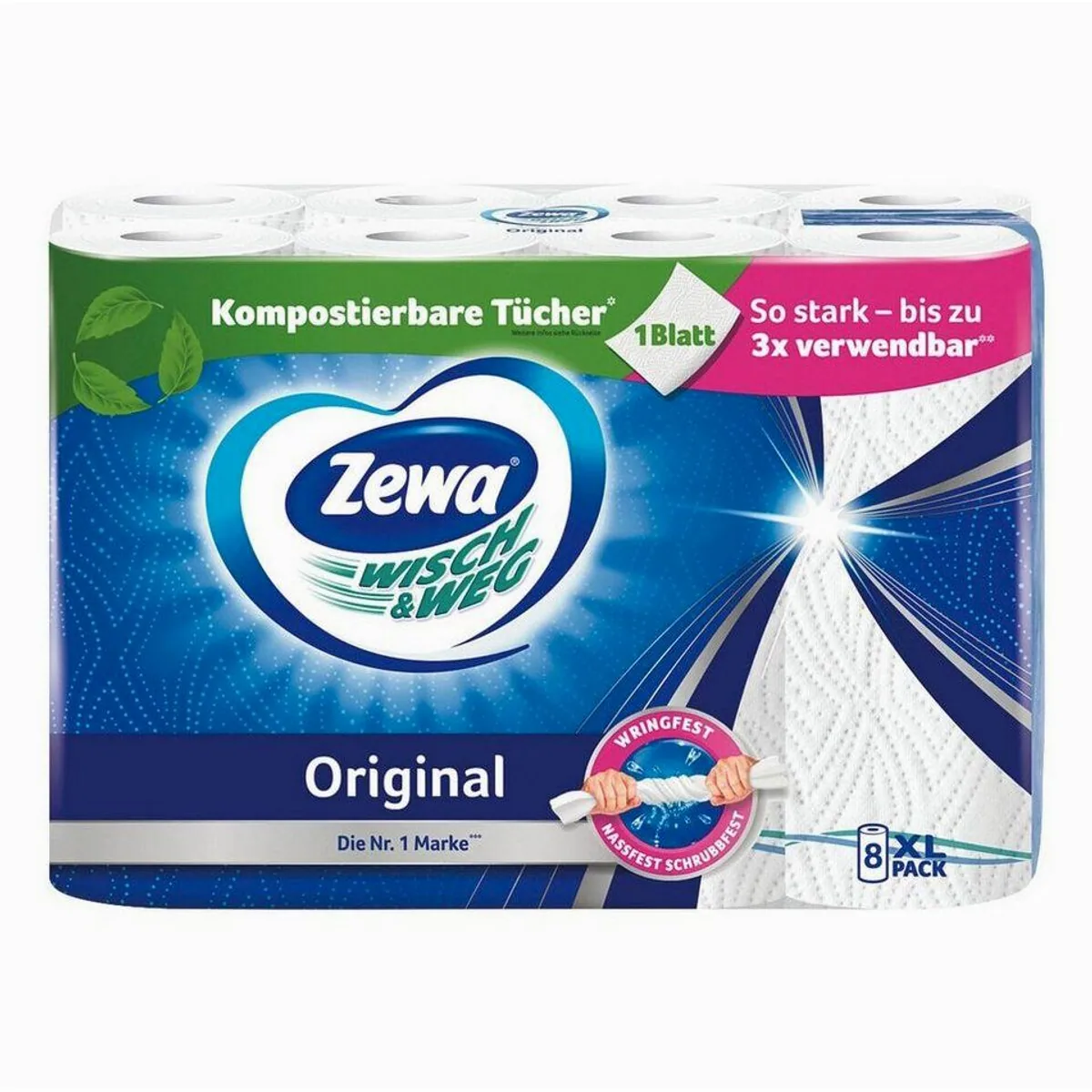 Zewa Wisch&Weg Original Küchenrolle, 2-lagig, hohe Nassfestigkeit — 8 Rollen, 45 Blätter/Rolle