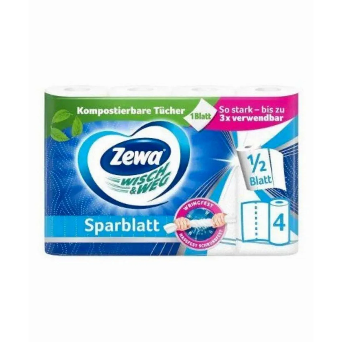 Zewa WISCH&WEG Sparblatt Küchenrollen, 2-lagig, perforiert und nassfest — Höchste Qualität, 74 Blätter pro Rolle, 4 Rollen