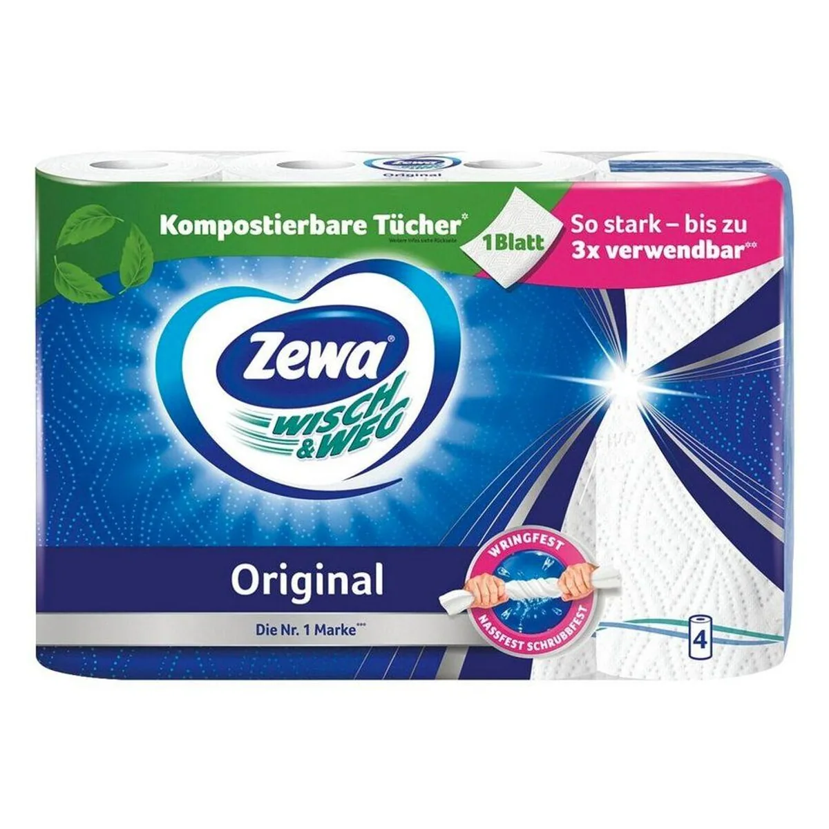 Zewa Wisch&Weg Original Küchenrolle, 2-lagig, hohe Nassfestigkeit — 4 Rollen, 45 Blatt/Rolle