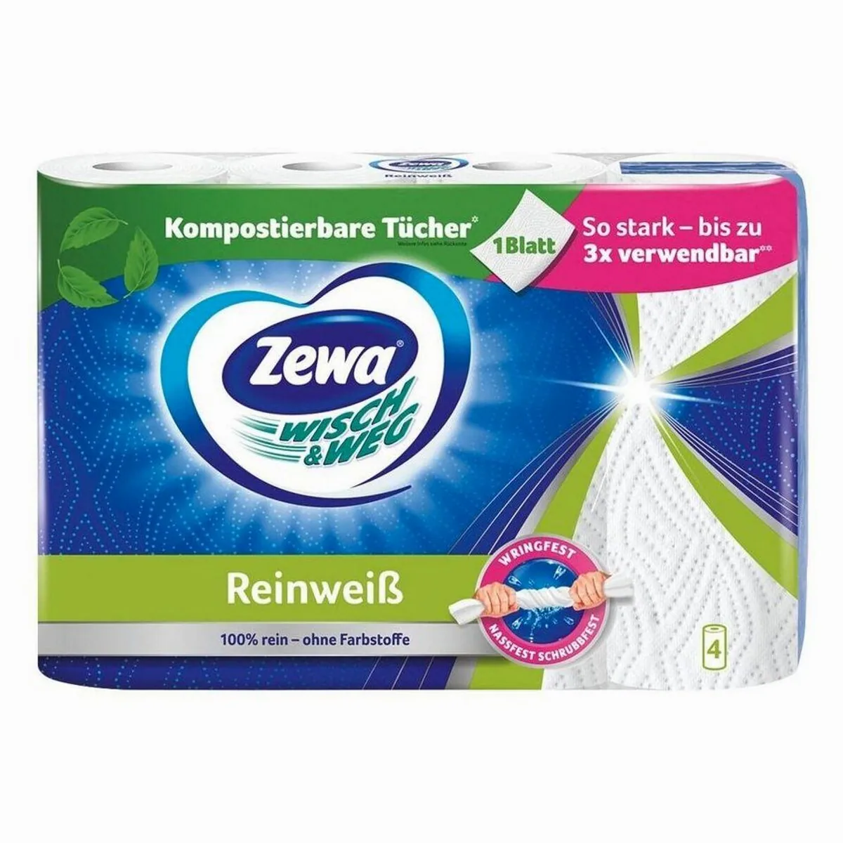 Zewa Wisch & Weg Küchenrolle, 4 Rollen, 2-lagig, reinweiß mit Mikrowabenstruktur