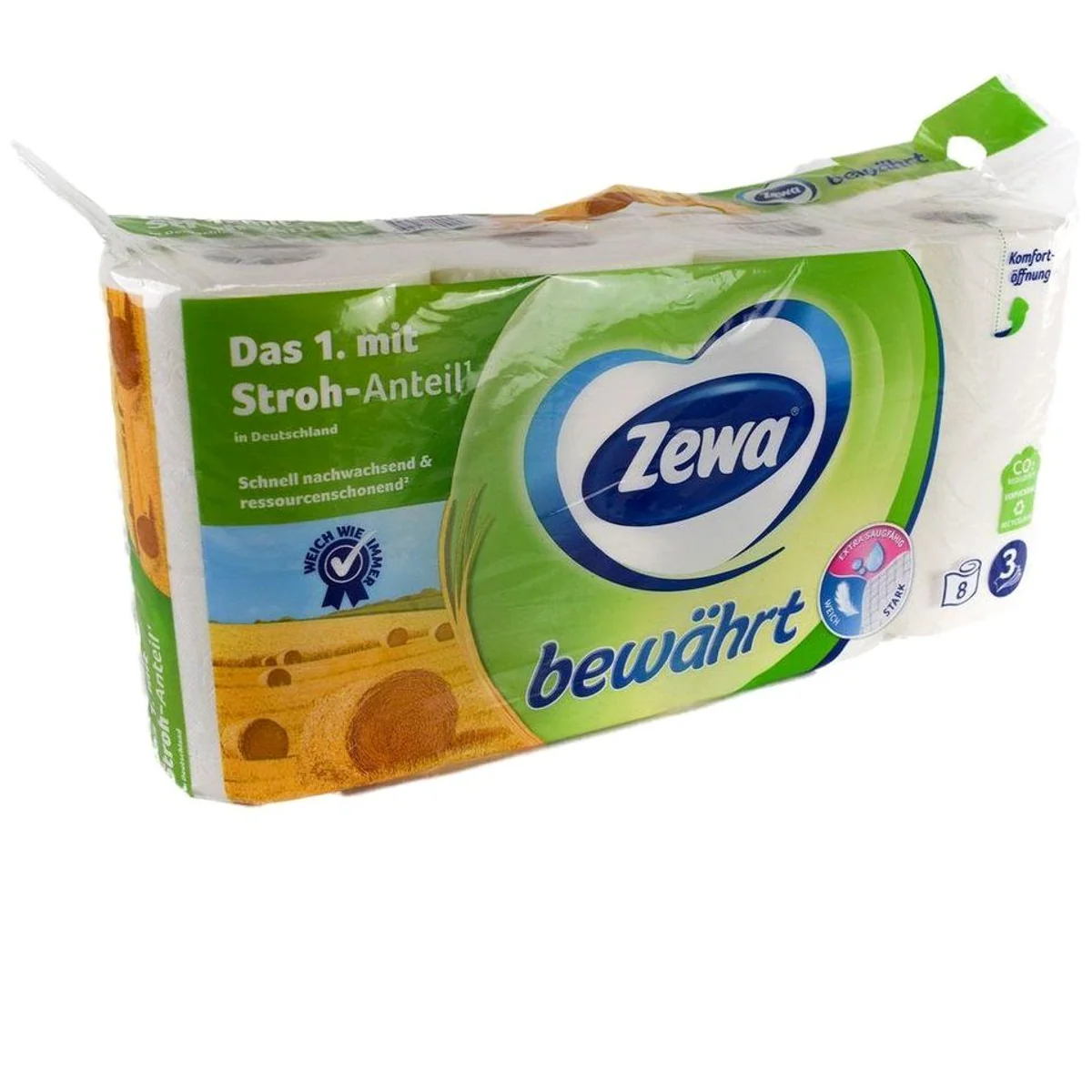 Zewa Toilettenpapier 3-lagig, mit Strohanteil, 8 Rollen