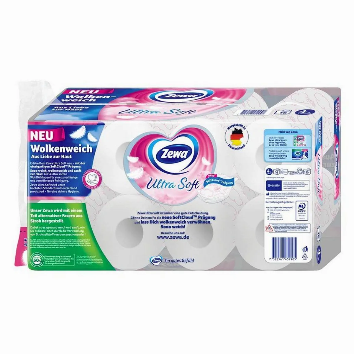 Zewa Ultra Soft Toilettenpapier, 4-lagig, weich & sanft — mit Stroh-Anteil, recycelbare Verpackung