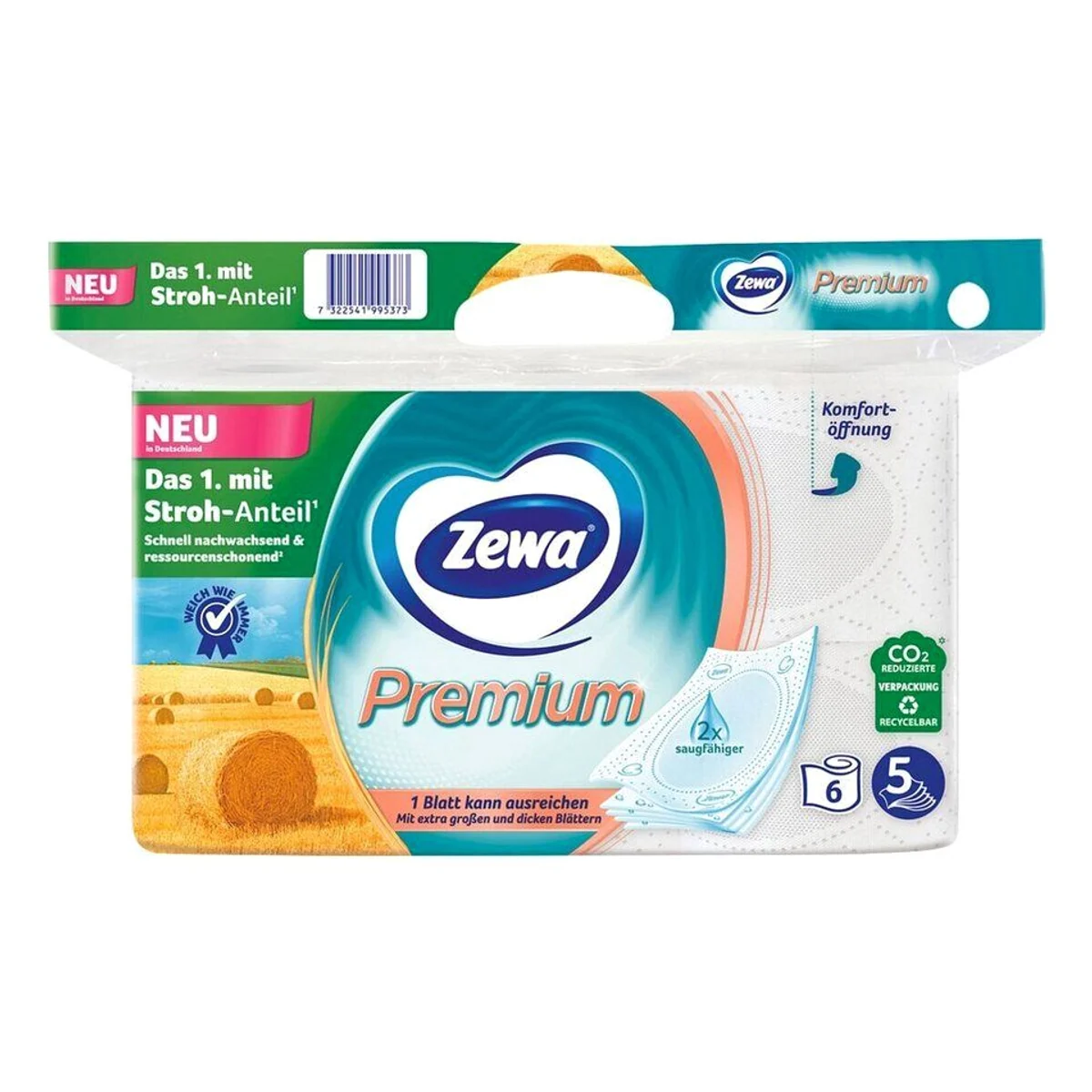 Zewa Toilettenpapier Premium, 5-lagig, mit Strohanteil und Dekorprägung — 110 Blatt pro Rolle